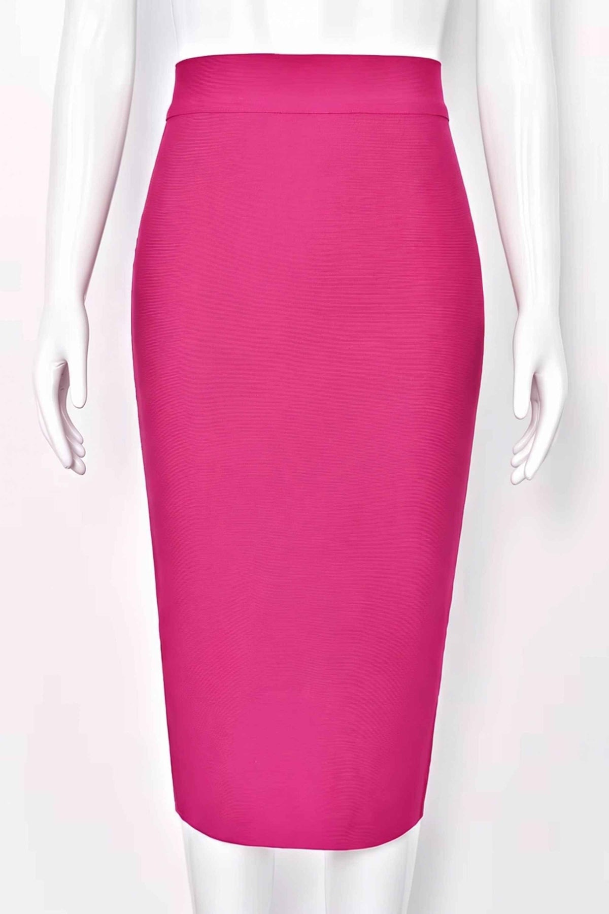Woman wearing a figure flattering Pencil High Waist Bandage Midi Skirt - Hot Pink BODYCON COLLECTION