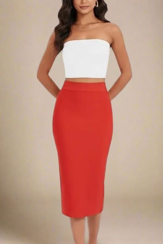 Woman wearing a figure flattering Pencil High Waist Bandage Midi Skirt - Lipstick Red BODYCON COLLECTION