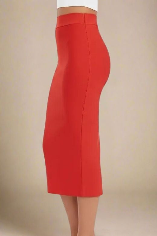 Woman wearing a figure flattering Pencil High Waist Bandage Midi Skirt - Lipstick Red BODYCON COLLECTION