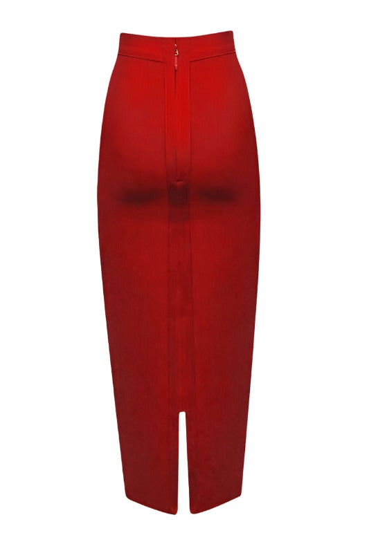 Woman wearing a figure flattering  Pencil High Waist Bandage Midi Skirt - Lipstick Red BODYCON COLLECTION