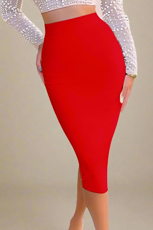 BODYCON COLLECTION Pencil High Waist Bandage Midi Skirt - Lipstick Red Womens Dresses and Apparel Online