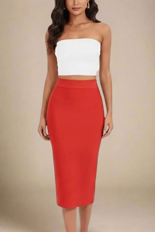 BODYCON COLLECTION Lipstick Red High Waist Pencil Midi Skirt for Women, Size L BODYCON COLLECTION Lipstick Red High Waist Pencil Midi Skirt for Women, Size L