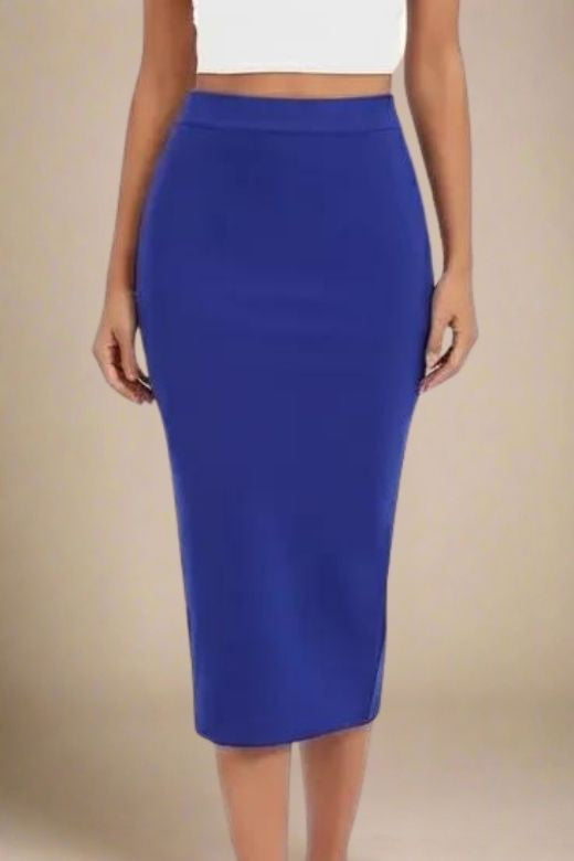 Woman wearing a figure flattering Pencil High Waist Bandage Midi Skirt - Navy Blue BODYCON COLLECTION