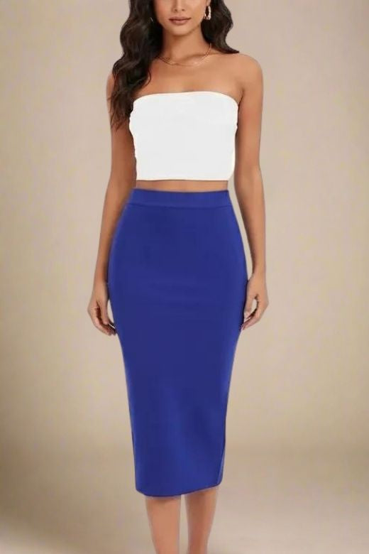 Woman wearing a figure flattering Pencil High Waist Bandage Midi Skirt - Navy Blue BODYCON COLLECTION