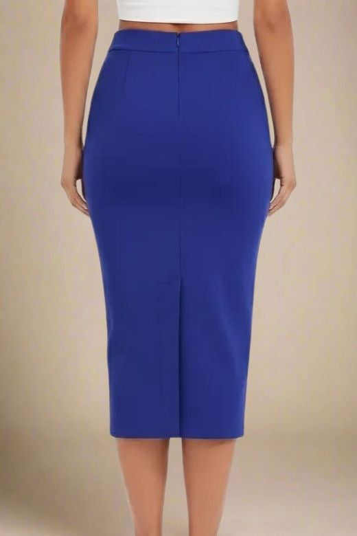 Woman wearing a figure flattering Pencil High Waist Bandage Midi Skirt - Navy Blue BODYCON COLLECTION