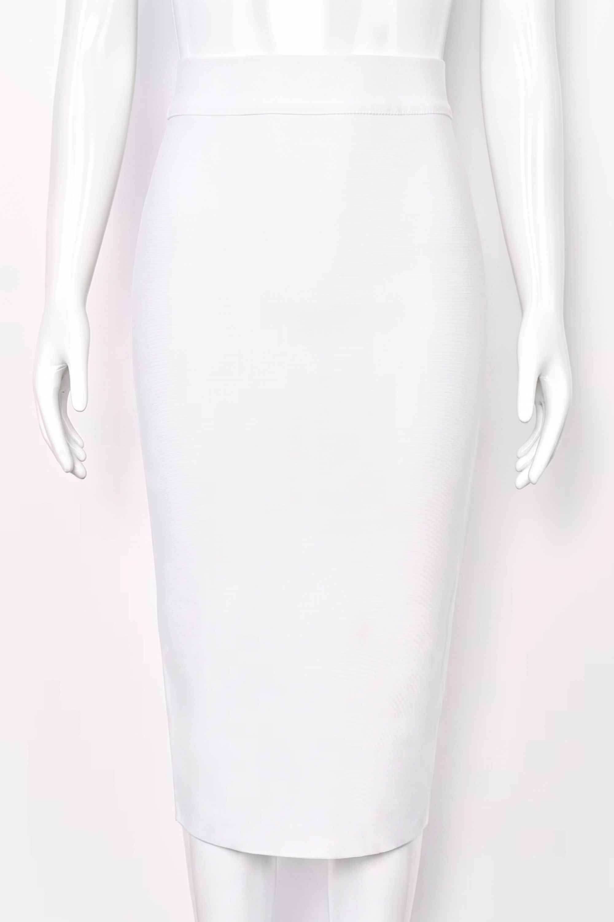 Woman wearing a figure flattering Pencil High Waist Bandage Midi Skirt - Pearl White BODYCON COLLECTION