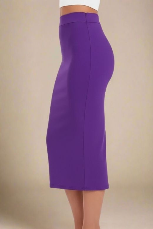 Woman wearing a figure flattering Pencil High Waist Bandage Midi Skirt - Plum Purple BODYCON COLLECTION