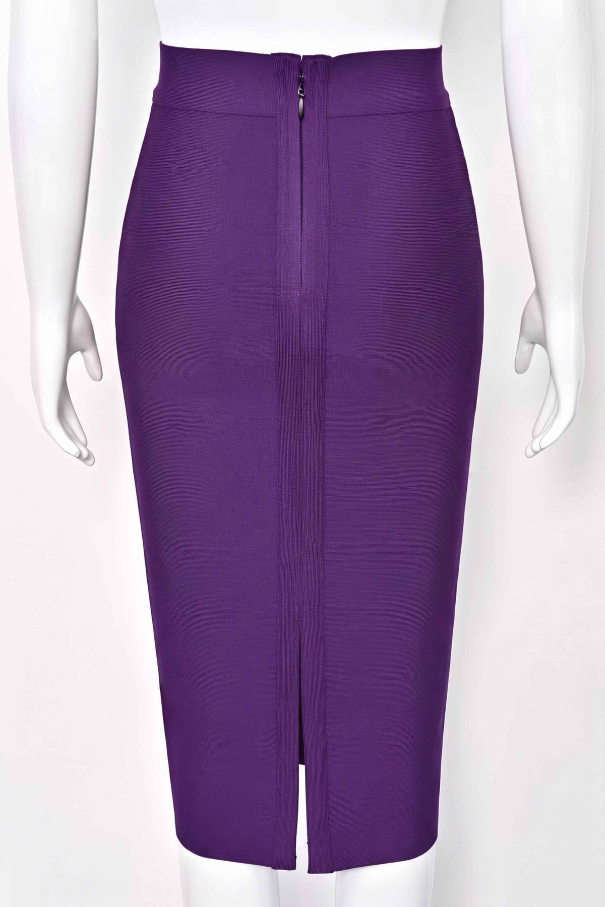 Woman wearing a figure flattering Pencil High Waist Bandage Midi Skirt - Plum Purple BODYCON COLLECTION