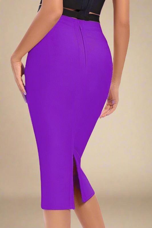 Woman wearing a figure flattering  Pencil High Waist Bandage Midi Skirt - Plum Purple BODYCON COLLECTION