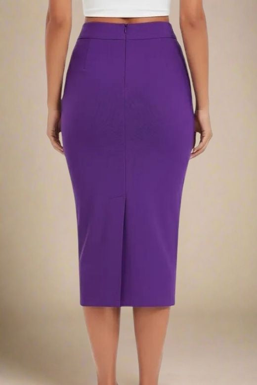 Woman wearing a figure flattering Pencil High Waist Bandage Midi Skirt - Plum Purple BODYCON COLLECTION