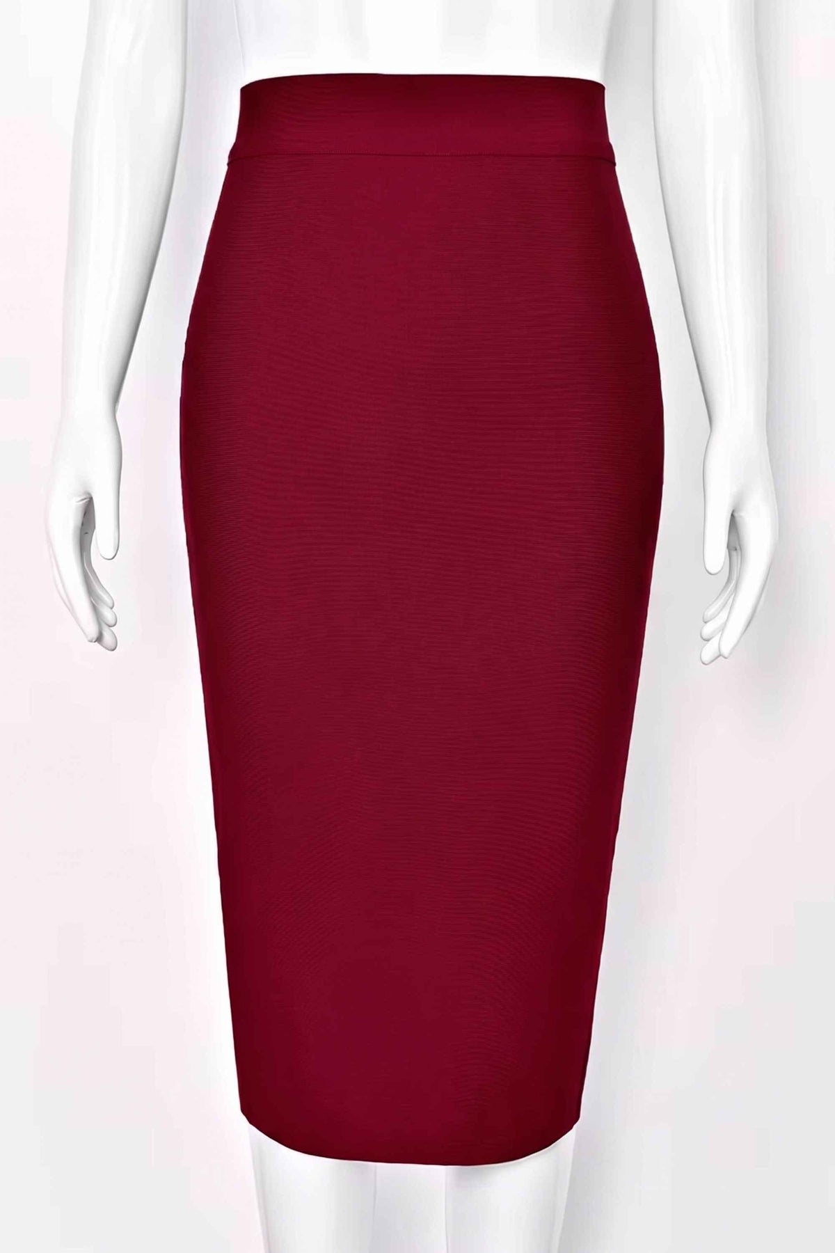 Woman wearing a figure flattering Pencil High Waist Bandage Midi Skirt - Red Wine BODYCON COLLECTION