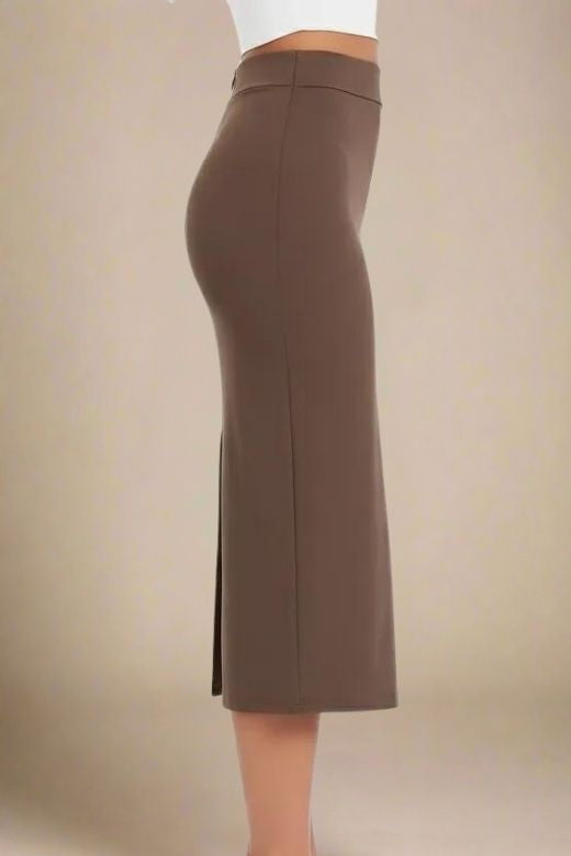 Woman wearing a figure flattering Pencil High Waist Bandage Midi Skirt - Tan Brown BODYCON COLLECTION