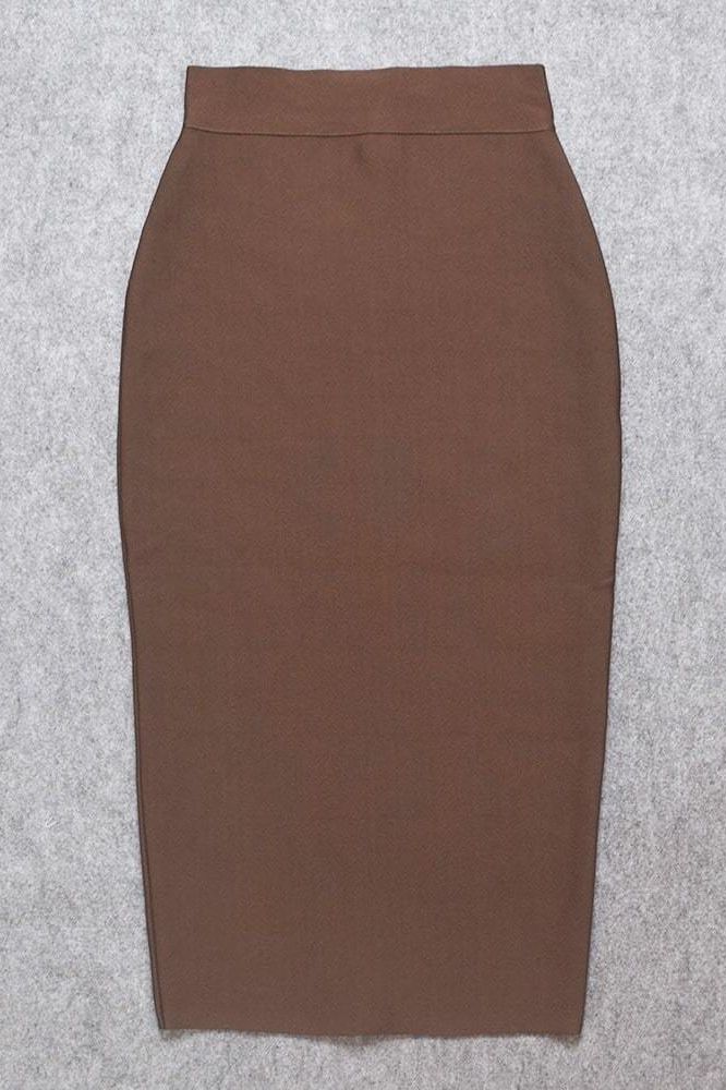Woman wearing a figure flattering Pencil High Waist Bandage Midi Skirt - Tan Brown BODYCON COLLECTION