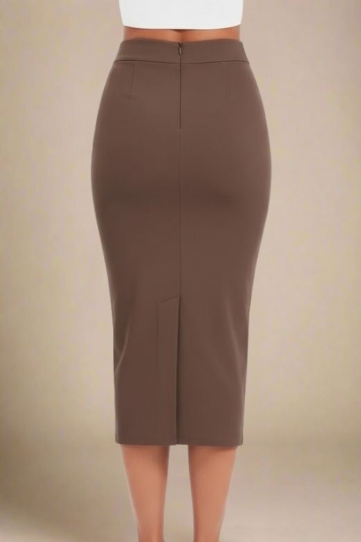 Woman wearing a figure flattering Pencil High Waist Bandage Midi Skirt - Tan Brown BODYCON COLLECTION