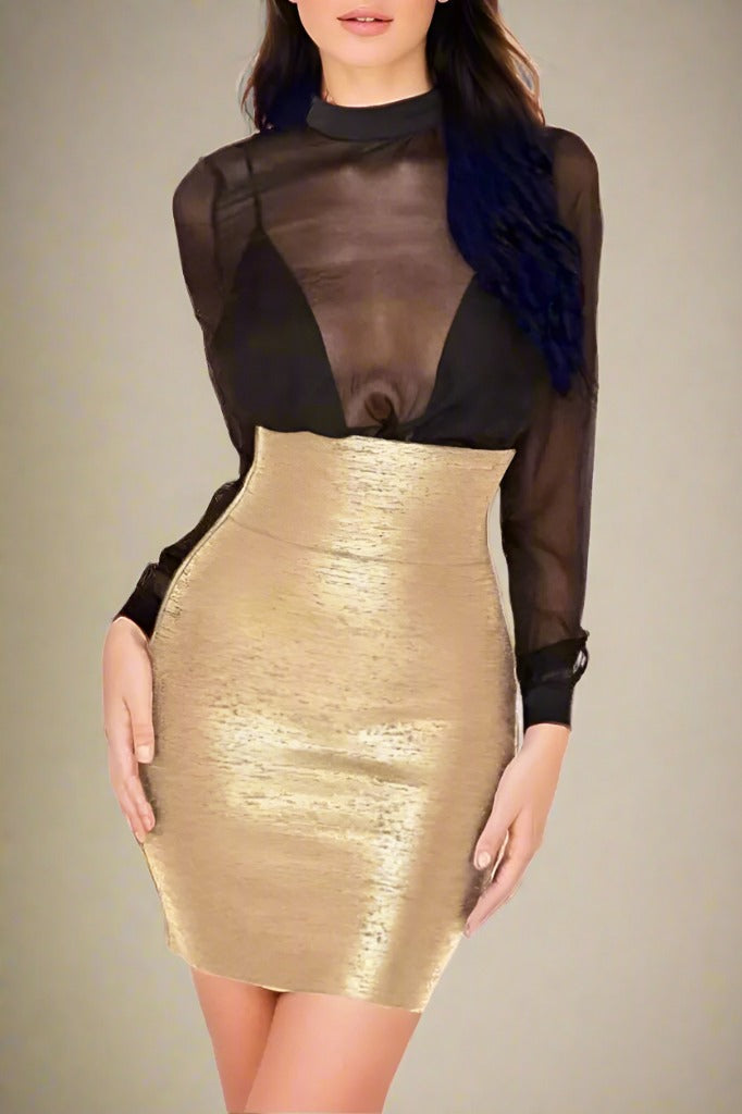 Woman wearing a figure flattering  Pencil High Waist Bandage Mini Skirt - Gold BODYCON COLLECTION