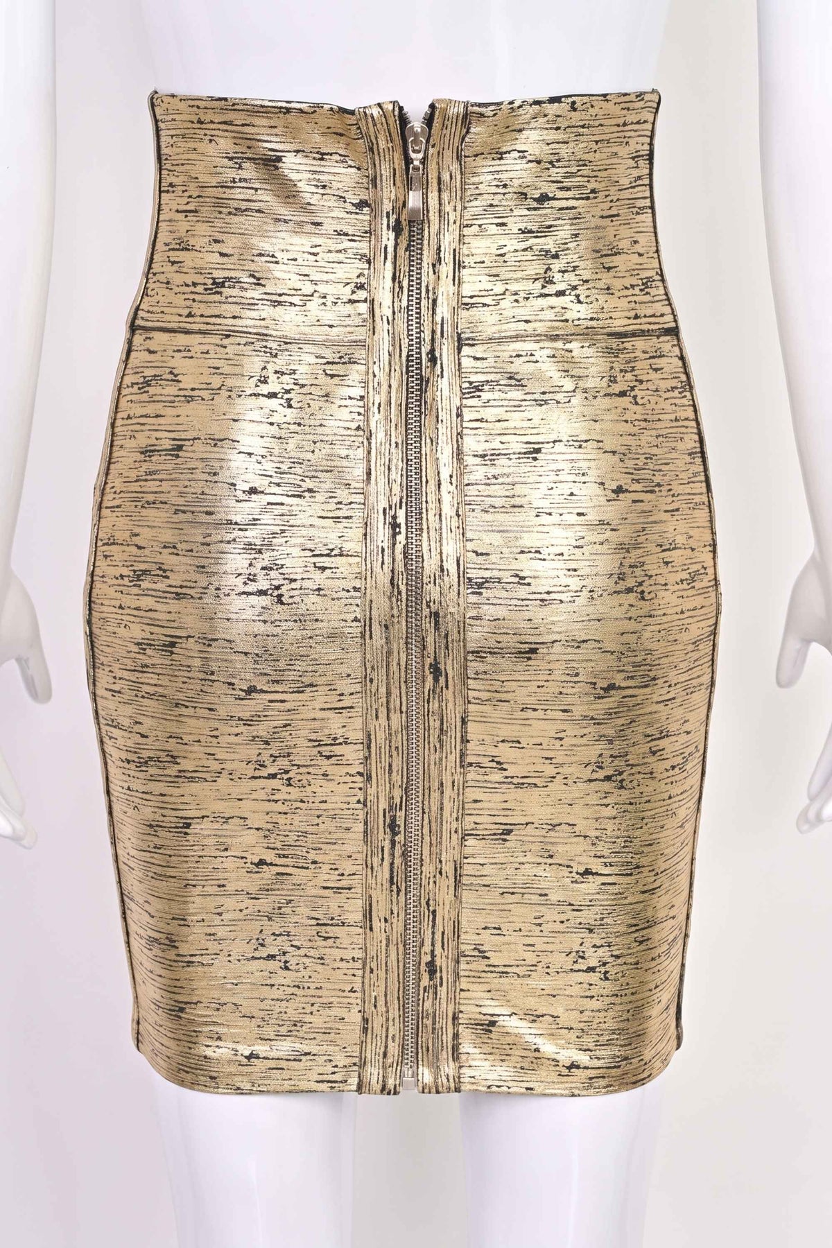 Woman wearing a figure flattering Pencil High Waist Bandage Mini Skirt - Gold Metallic BODYCON COLLECTION