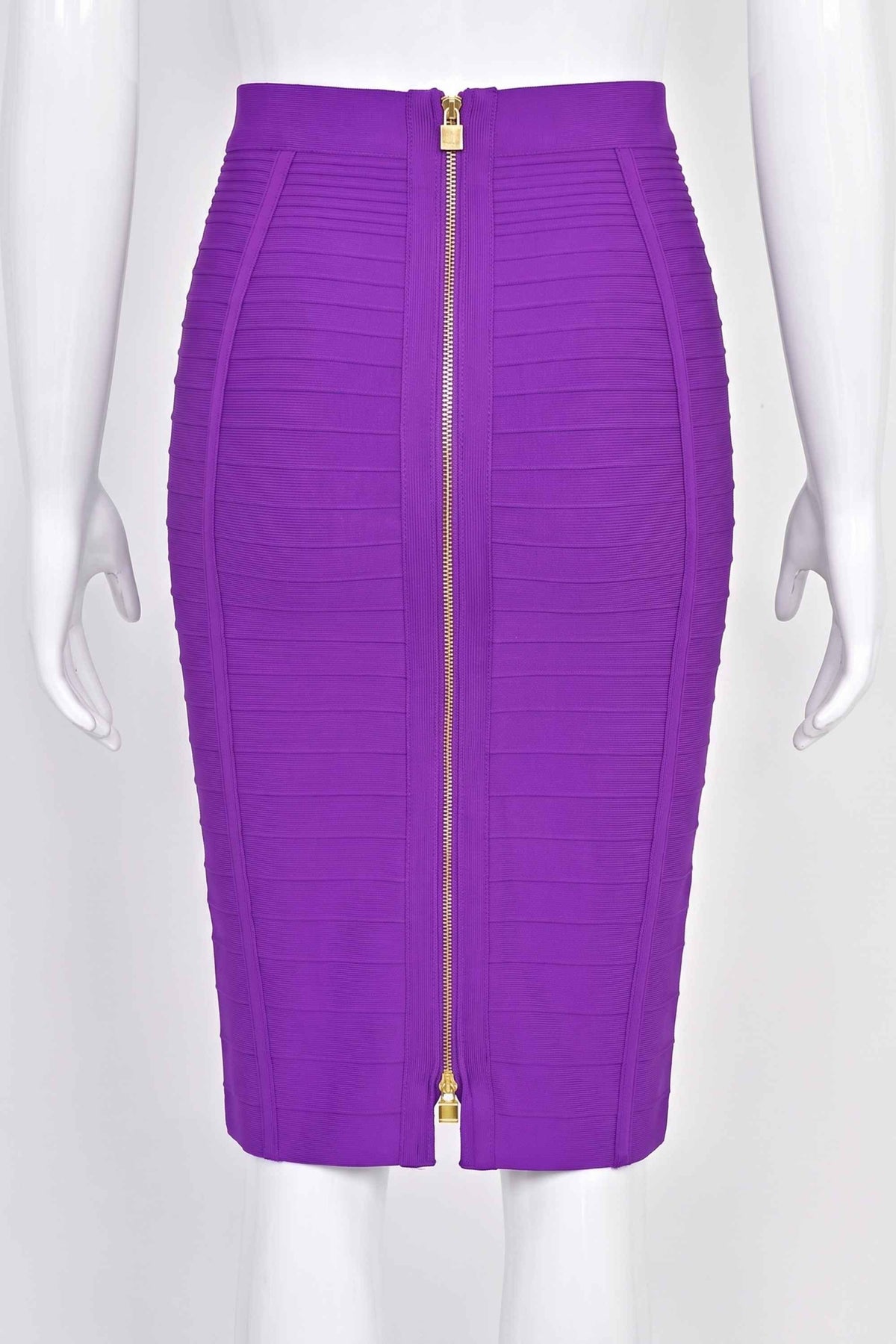 Woman wearing a figure flattering Pencil High Waist Knitted Knee Length Skirt - Plum Purple BODYCON COLLECTION