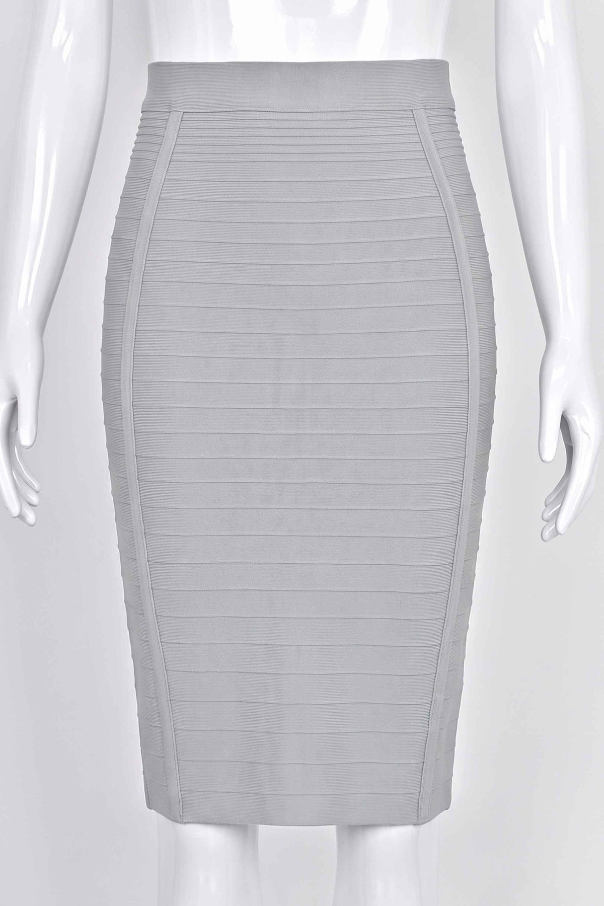 Woman wearing a figure flattering Pencil High Waist Knitted Knee Length Skirt - Steel Gray BODYCON COLLECTION