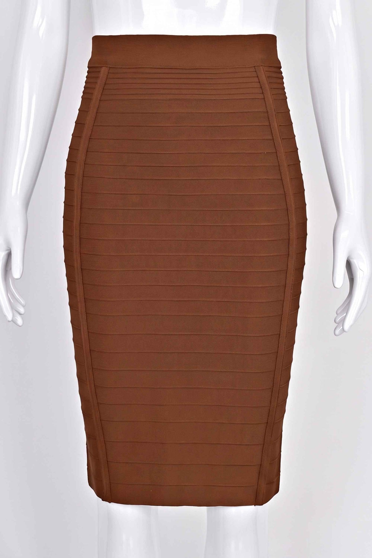 Woman wearing a figure flattering Pencil High Waist Knitted Knee Length Skirt - Tan Brown BODYCON COLLECTION