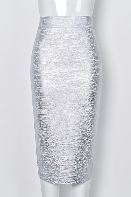 Woman wearing a figure flattering Pencil High Waist Leather Metallic Midi Skirt - Silver BODYCON COLLECTION