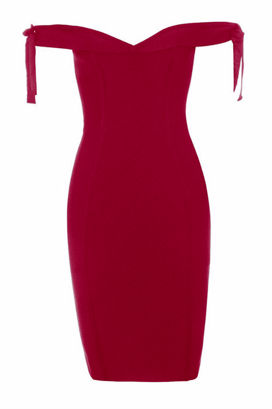 Woman wearing a figure flattering  Penelope Bandage Mini Dress - Red Wine BODYCON COLLECTION