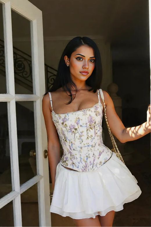 Woman wearing a figure flattering Penny Corset Top - Beige Cream BODYCON COLLECTION Pty Ltd