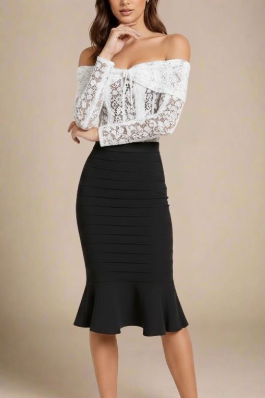 Woman wearing a figure flattering Peplum High Waist Bandage Midi Skirt - Classic Black BODYCON COLLECTION