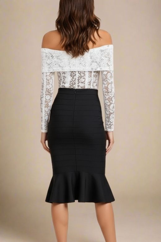 Woman wearing a figure flattering Peplum High Waist Bandage Midi Skirt - Classic Black BODYCON COLLECTION