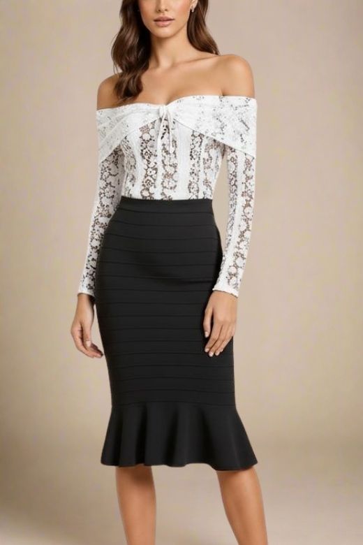 Classic Black Peplum High Waist Bandage Midi Skirt
