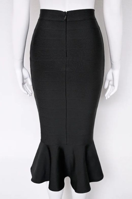 Woman wearing a figure flattering Peplum High Waist Bandage Midi Skirt - Classic Black BODYCON COLLECTION