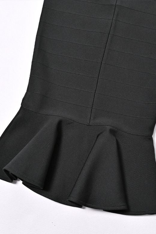 Woman wearing a figure flattering Peplum High Waist Bandage Midi Skirt - Classic Black BODYCON COLLECTION