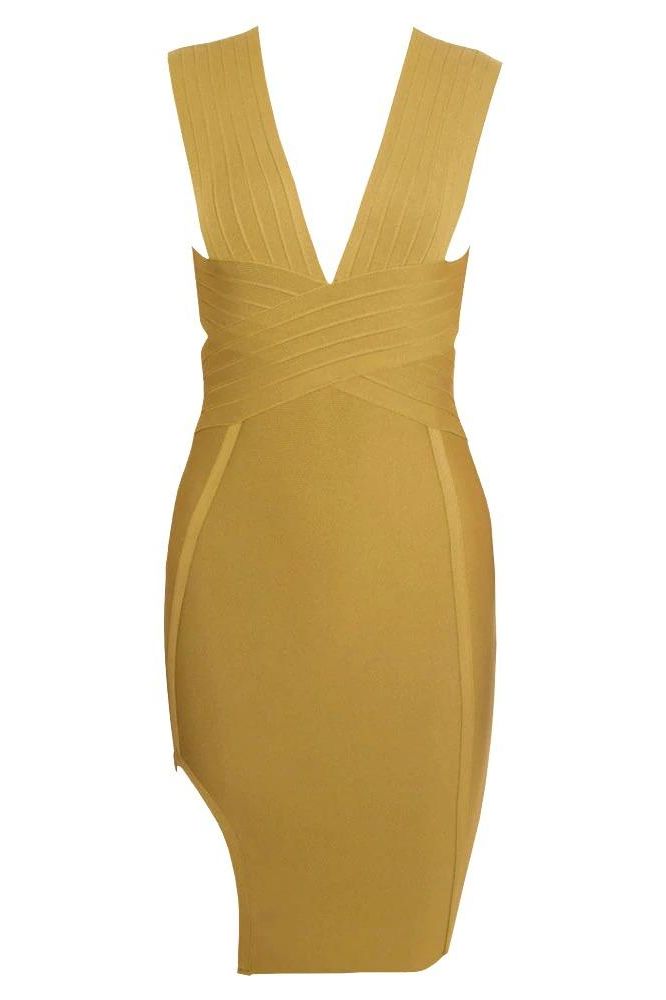 Woman wearing a figure flattering Pia Bandage Dress - Olive Green BODYCON COLLECTION