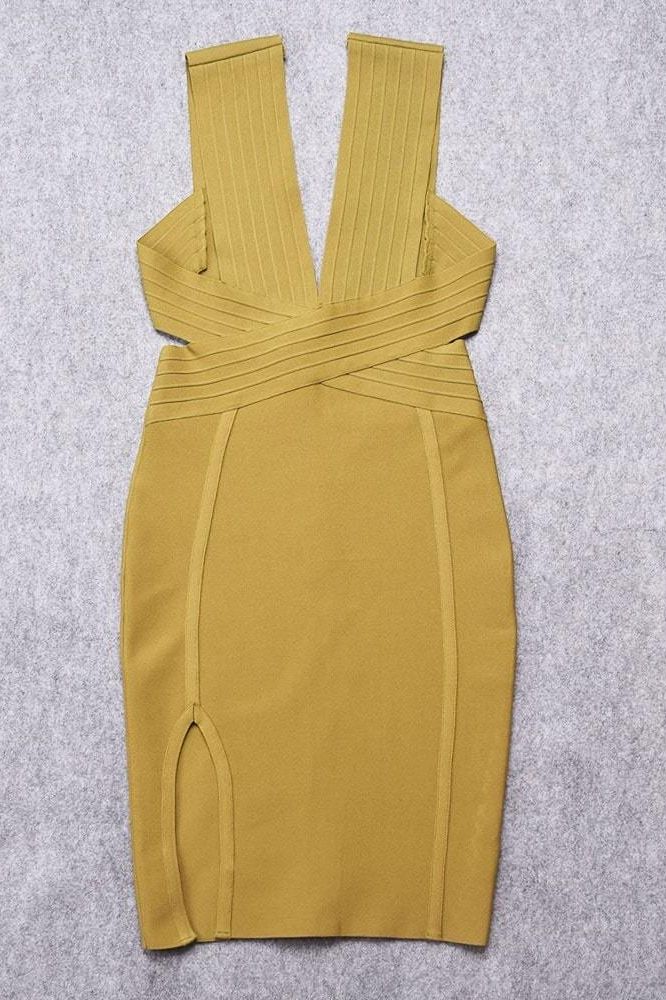 Woman wearing a figure flattering Pia Bandage Dress - Olive Green BODYCON COLLECTION