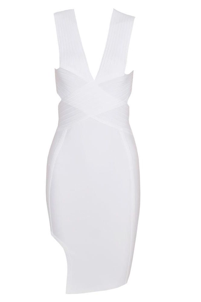 Woman wearing a figure flattering  Pia Bandage Dress - Pearl White BODYCON COLLECTION