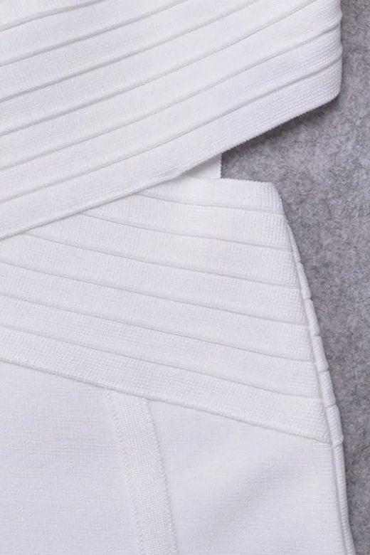 Woman wearing a figure flattering Pia Bandage Dress - White Pearl BODYCON COLLECTION