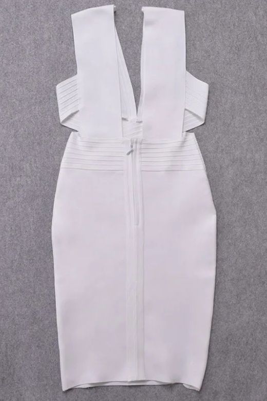 Woman wearing a figure flattering Pia Bandage Dress - White Pearl BODYCON COLLECTION