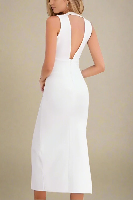 Woman wearing a figure flattering  Pia Bandage Midi Dress - Pearl White BODYCON COLLECTION