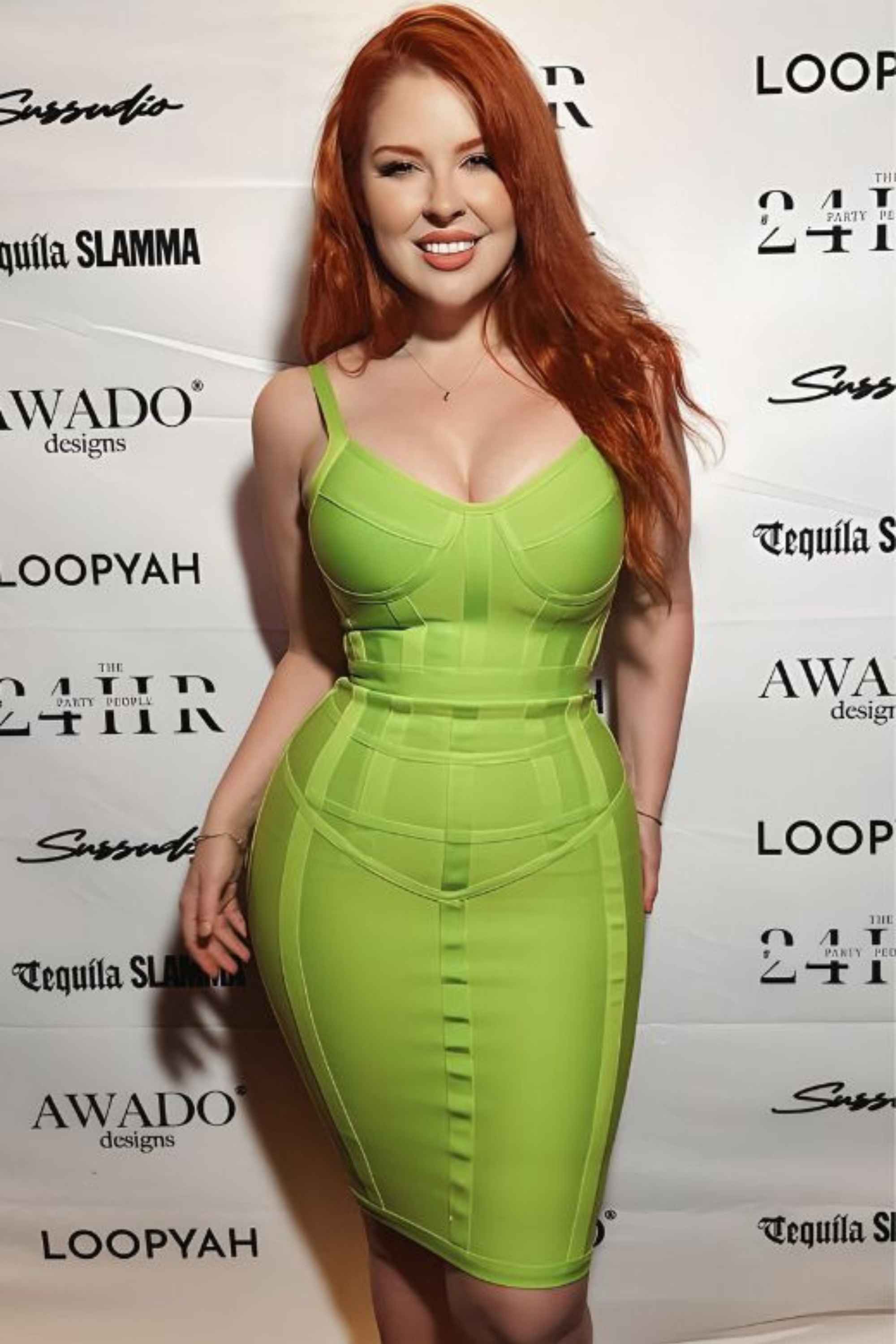 Woman wearing a figure flattering Pip Bandage Corset Dress - Neon Green Bodycon Collection
