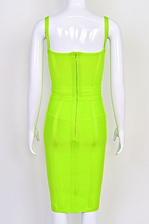 Woman wearing a figure flattering Pip Bandage Corset Dress - Neon Green Bodycon Collection