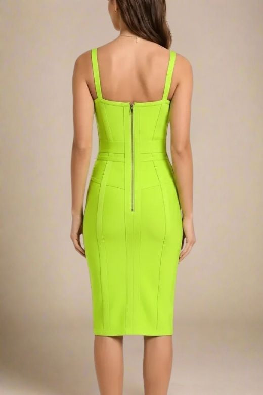 Woman wearing a figure flattering Pip Bandage Corset Dress - Neon Green Bodycon Collection