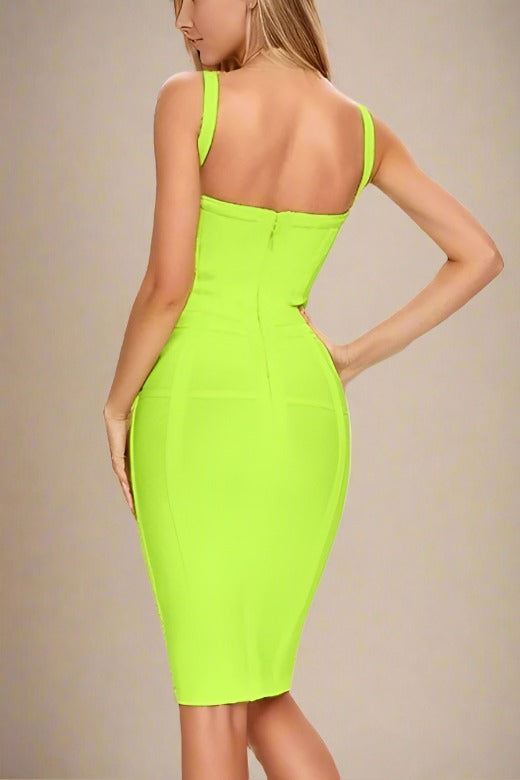 Woman wearing a figure flattering  Pip Bandage Corset Dress - Neon Green Bodycon Collection
