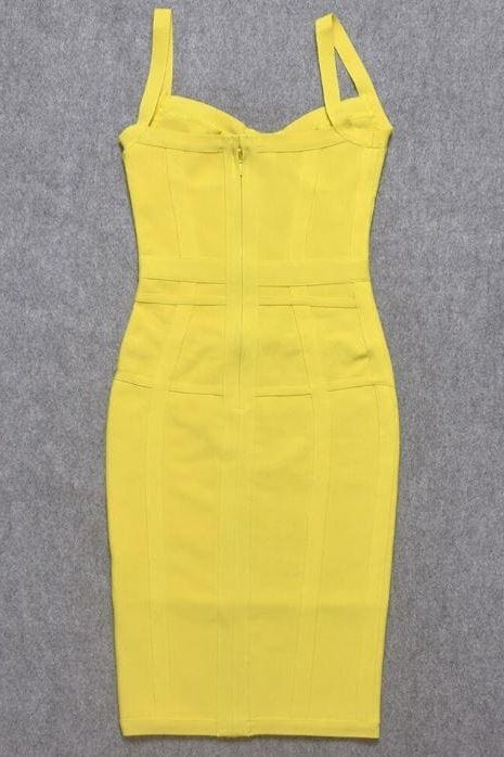 Woman wearing a figure flattering  Pip Bandage Corset Dress - Sun Yellow Bodycon Collection