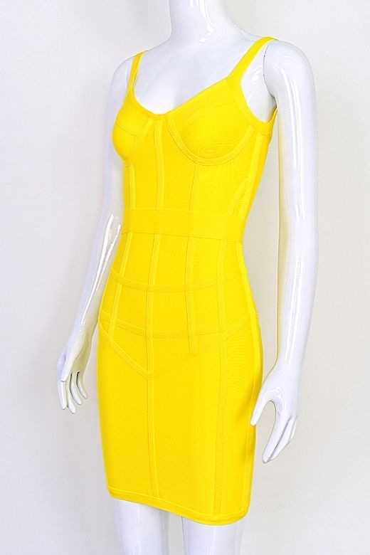 Woman wearing a figure flattering Pip Bandage Mini Dress - Sun Yellow BODYCON COLLECTION