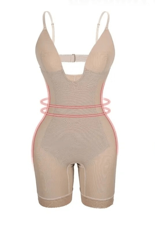 Woman wearing a figure flattering  Plunging Front Low Back One Piece Shapewear - Mid Thigh BODYCON COLLECTION