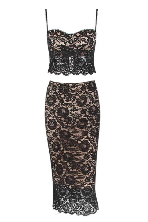 Woman wearing a figure flattering Poppy Bodycon Crop Top and Midi Skirt Set - Classic Black BODYCON COLLECTION