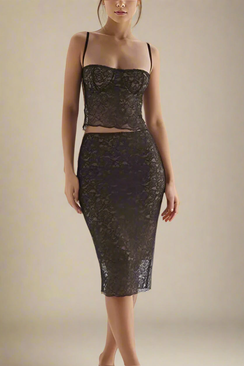 Woman wearing a figure flattering Poppy Bodycon Crop Top and Midi Skirt Set - Classic Black BODYCON COLLECTION