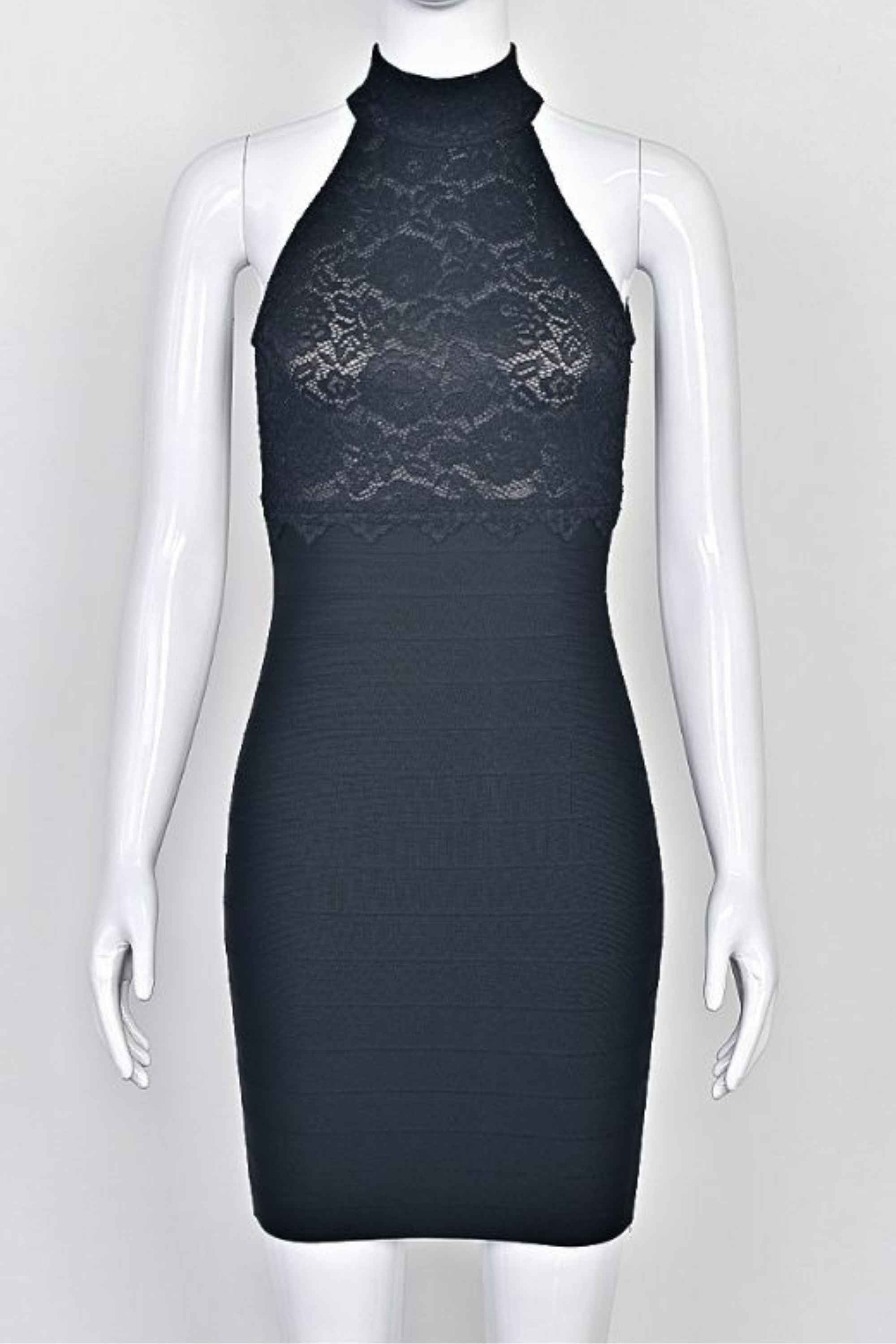 Woman wearing a figure flattering Quinn Bandage Mini Dress - Classic Black BODYCON COLLECTION Pty Ltd