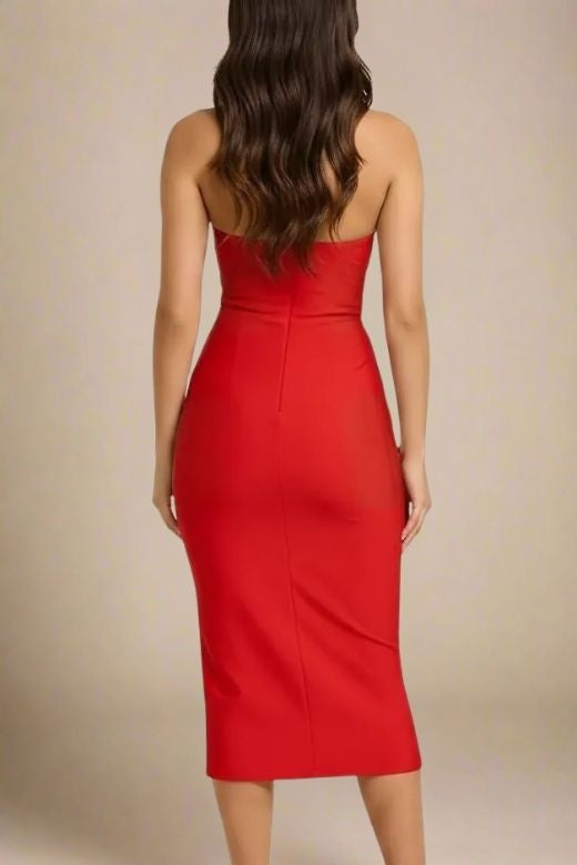 Woman wearing a figure flattering Raya Bodycon Midi Dress - Lipstick Red BODYCON COLLECTION Pty Ltd