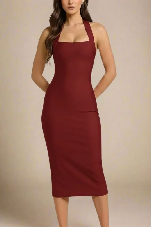 Raya Bodycon Midi Dress for Women, Red Wine, Polyester and Elastane, XL