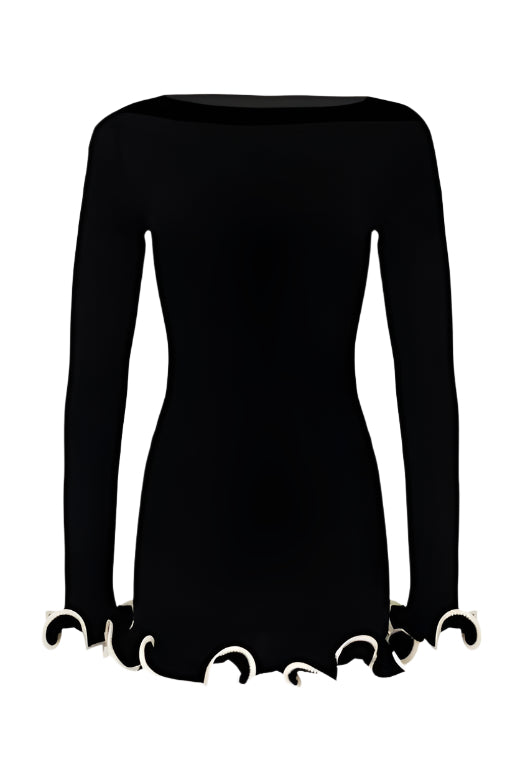 Woman wearing a figure flattering Regina Long Sleeve Bodycon Mini Dress - Classic Black BODYCON COLLECTION